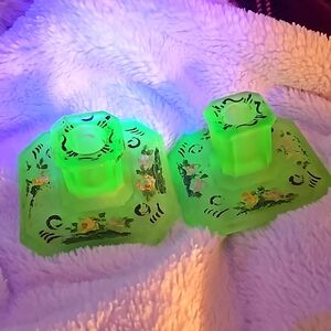 Uranium Green Satin Frosted Depression Candle Holders